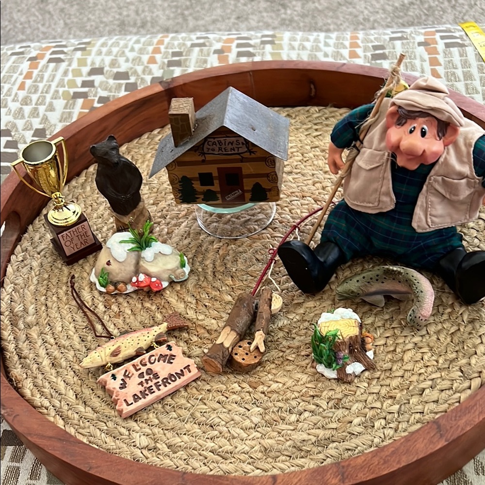 Rustic Fisherman Figurine Set with Cabin and Accessories 9 pieces